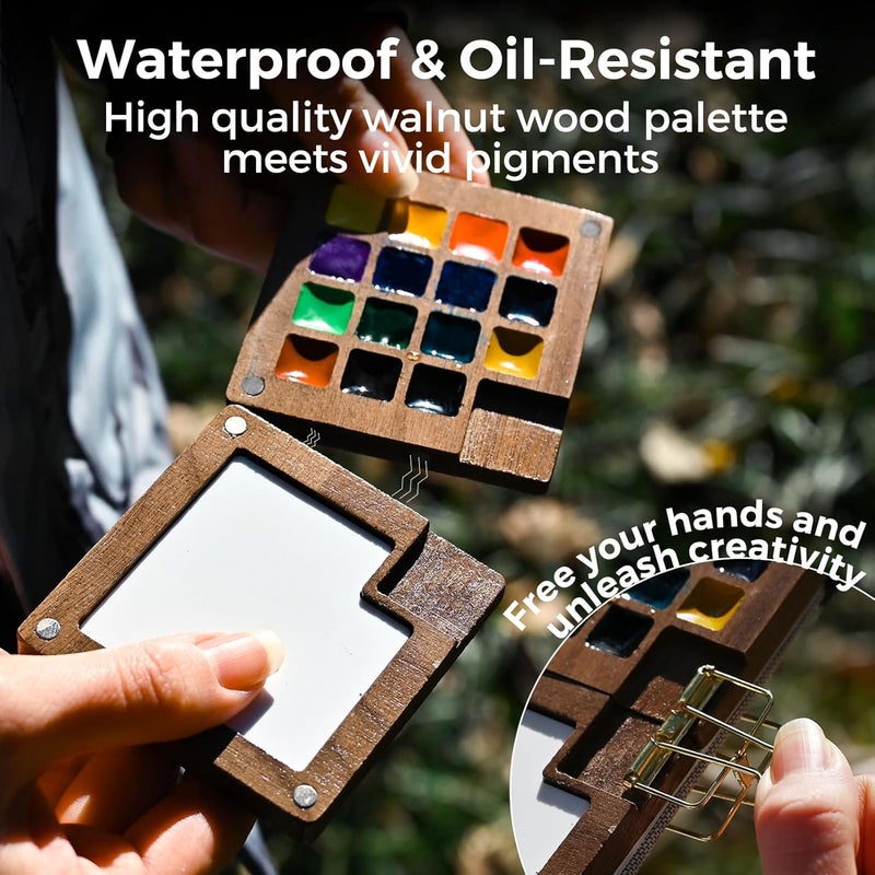 Funto Mini Watercolor Paint Set, All-in-One Walnut Wood 15-Color Premium Pocket Travel Paint Kit, with Crossbody Bag,Watercolor Journal, Metal Clip, Paint Water Cup, Water Brush Ideal for Art Lovers - Image 4